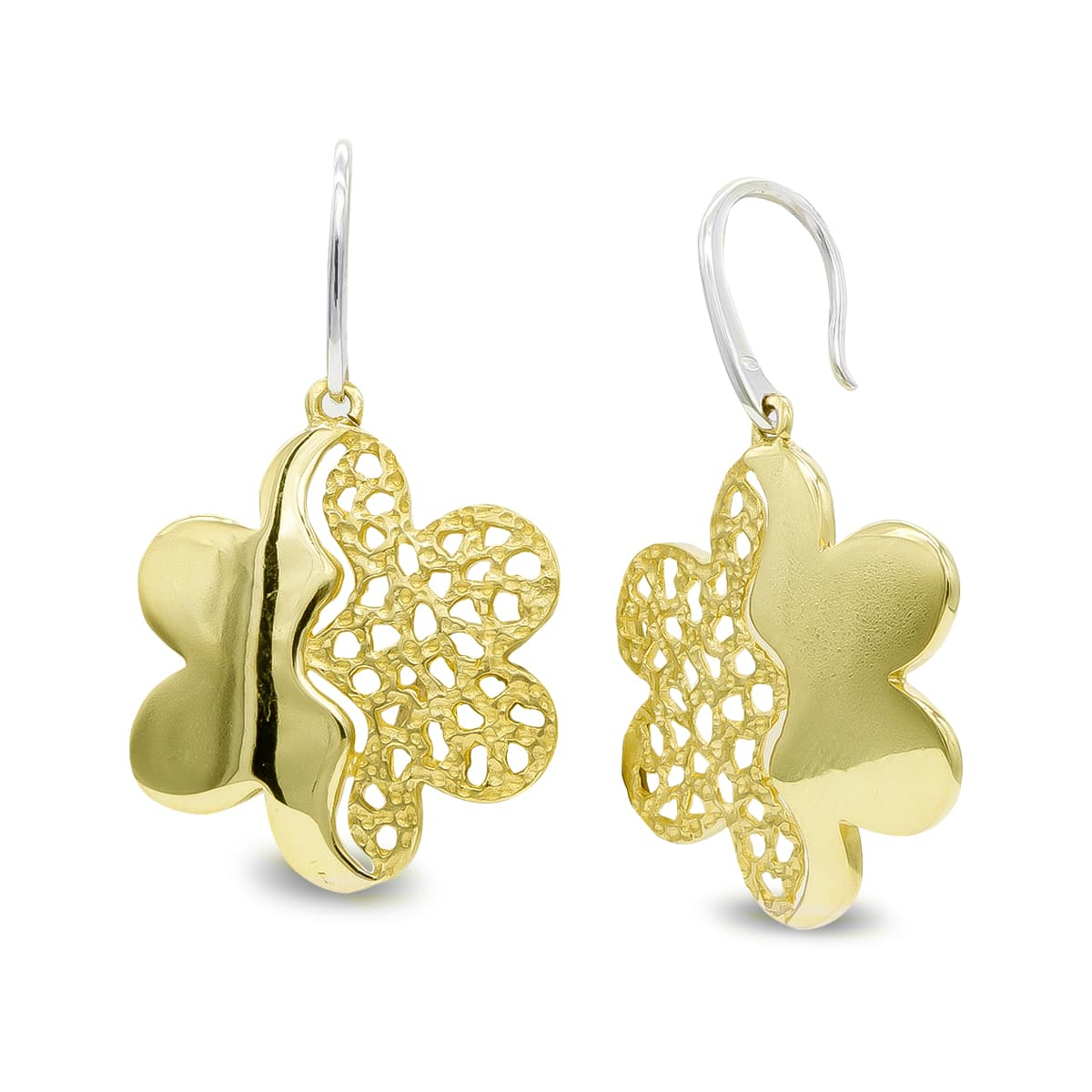 18K PENDIENTES ORO BICOLOR LARGOS FLOR CIERRE GANCHO 6