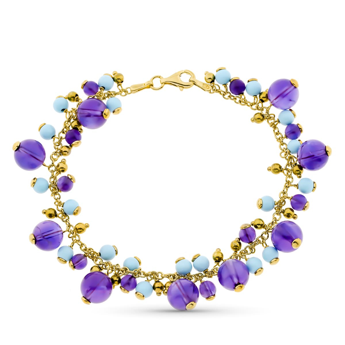 18K PULSERA ENTREPIEZAS ORO AMARILLO TURQUESAS Y AMATISTAS 18