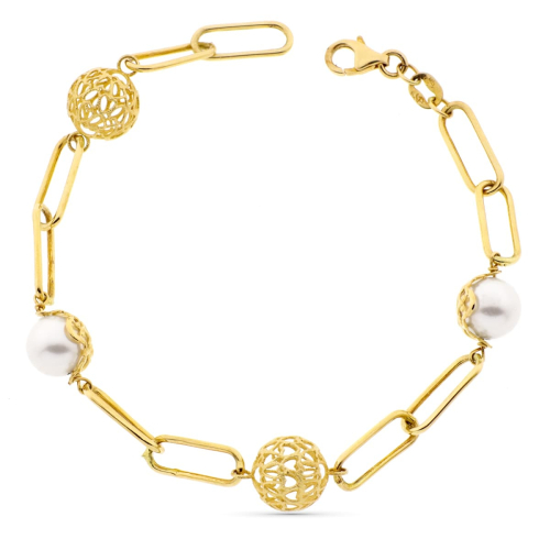 18K PULSERA ORO AMARILLO PERLA Y BOLAS CALADAS ANCHO 9 MM LARGO 19CM 5