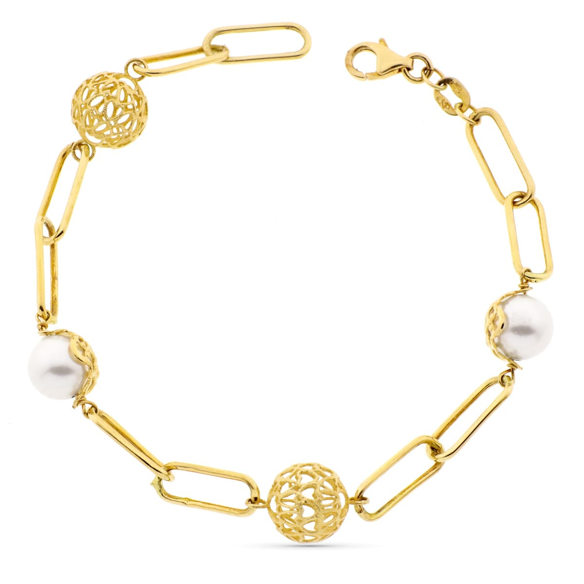 18K PULSERA ORO AMARILLO PERLA Y BOLAS CALADAS ANCHO 9 MM LARGO 19CM 5