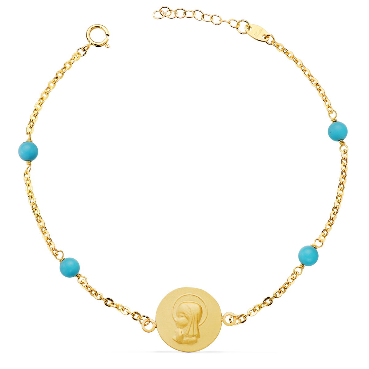 18K PULSERA ORO AMARILLO MEDALLA VIRGEN NIÑA 14 MM Y BOLAS TURQUESAS. LARGO: 19 3 CM 2