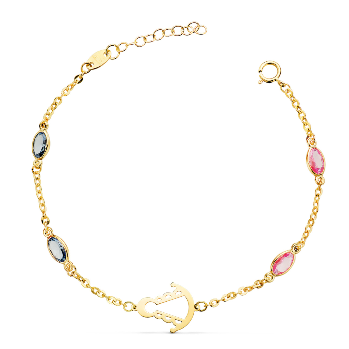 18K PULSERA ORO AMARILLO SILUETA VIRGEN ROCIO 14X11 MM CON CIRCONITAS ROSAS Y AZULES. LARGO: 15 3 CM 1