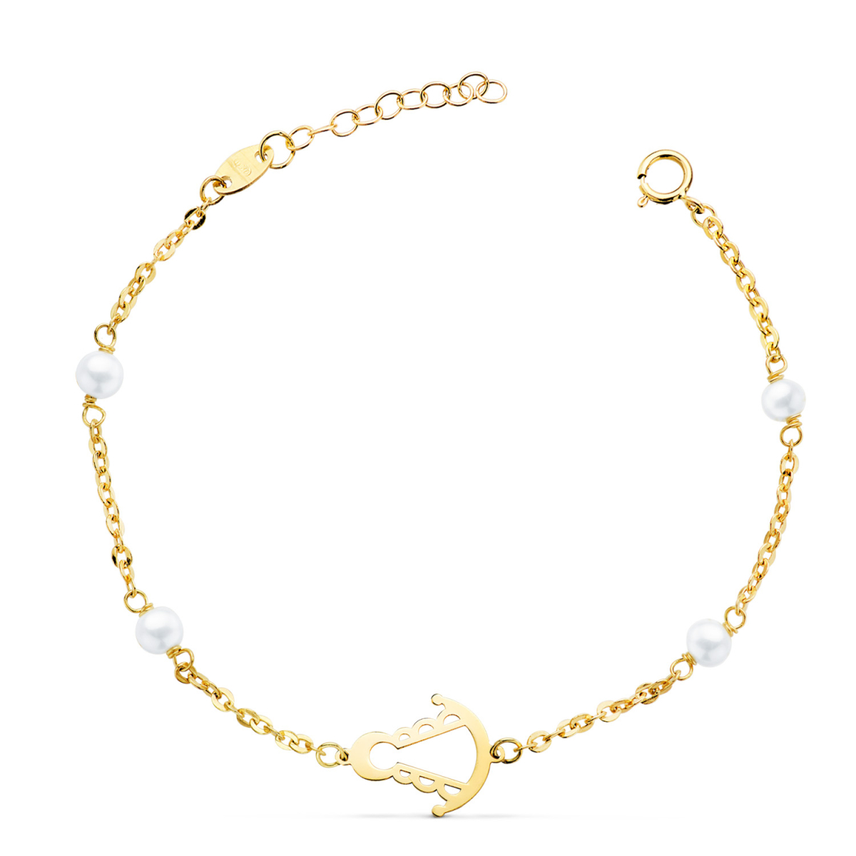 18K PULSERA ORO AMARILLO SILUETA VIRGEN ROCIO 14X11 MM CON PERLAS. LARGO: 17.5 CM 1