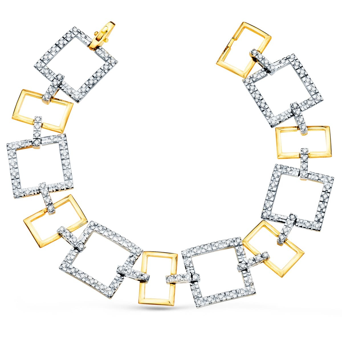 18K PULSERA ORO BICOLOR ESLABONES CUADRADOS Y MOTIVOS CON CIRCONITA 20CM 18