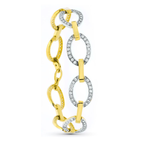 18K PULSERA ORO BICOLOR ESLABONES CIRCULOS Y CIRCONITAS 16
