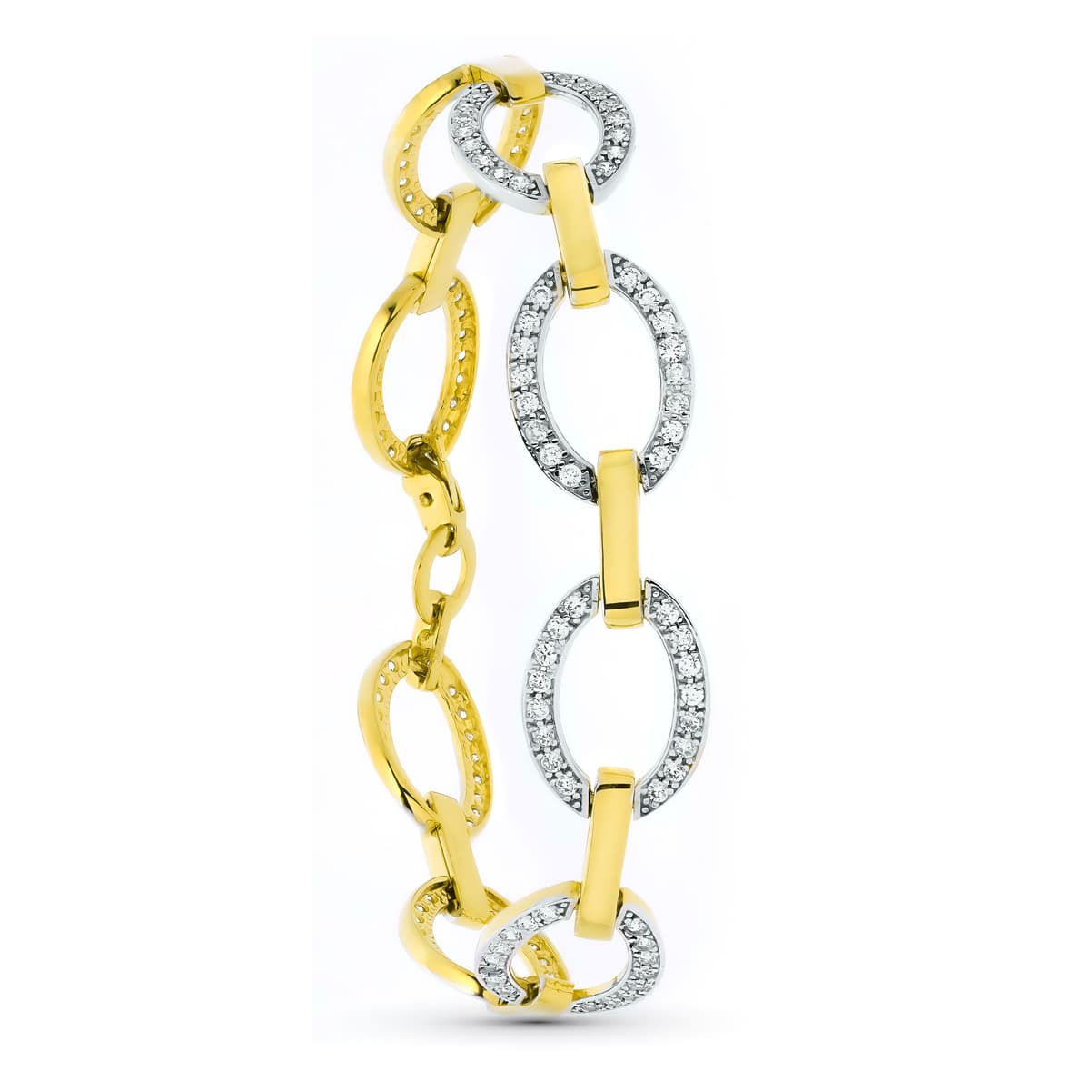 18K PULSERA ORO BICOLOR ESLABONES CIRCULOS Y CIRCONITAS 16