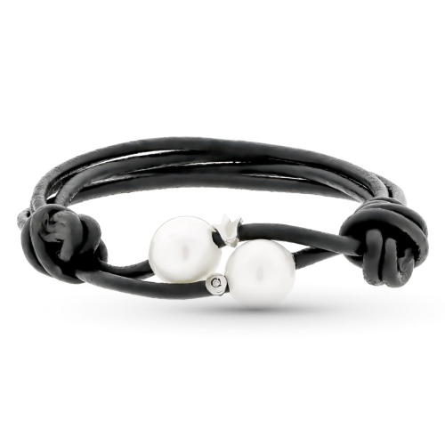 18K PULSERA CUERO PERLA Y DIAMANTE TALLA BRILLANTE 1