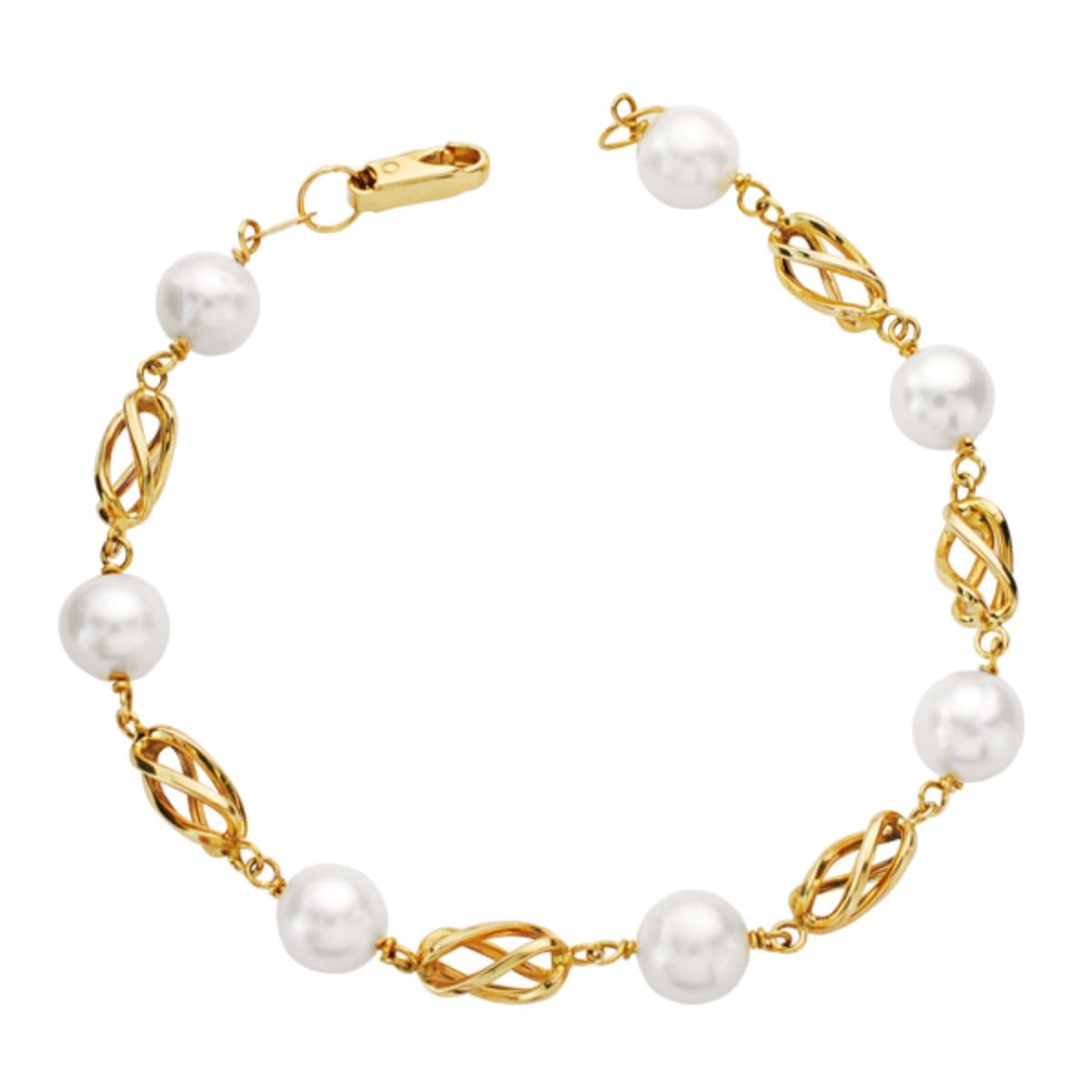 18K PULSERA ORO AMARILLO PERLA REDONDAS DE 8.5 MM Y JAULAS DE ORO 19CM 9