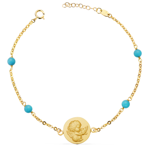 18K PULSERA ORO AMARILLO MEDALLA ANGELITO 14 MM Y BOLAS TURQUESAS. LARGO: 19 3 CM 2