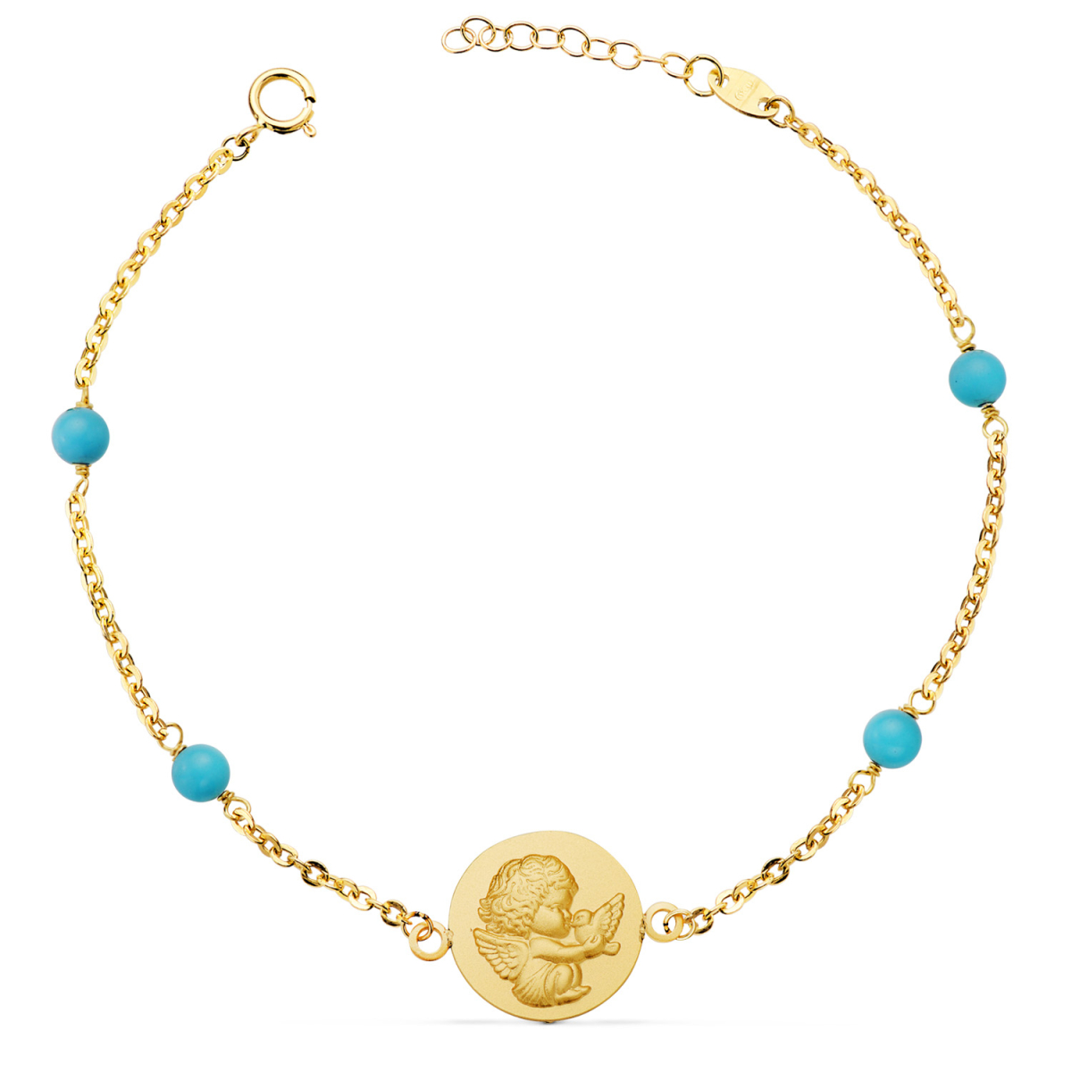 18K PULSERA ORO AMARILLO MEDALLA ANGELITO 14 MM Y BOLAS TURQUESAS. LARGO: 19 3 CM 2