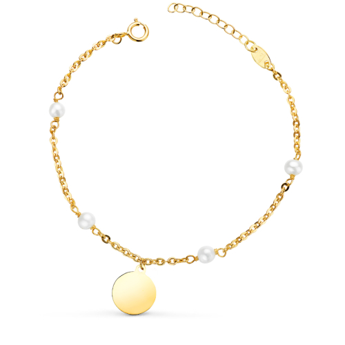 18K PULSERA ORO AMARILLO CON PERLAS 3.5MM Y PLACA CHAPA REDONDA 10MM. LARGO: 15 2CM 1