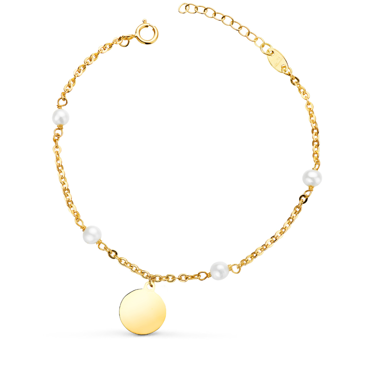 18K PULSERA ORO AMARILLO CON PERLAS 3.5MM Y PLACA CHAPA REDONDA 10MM. LARGO: 15 2CM 1