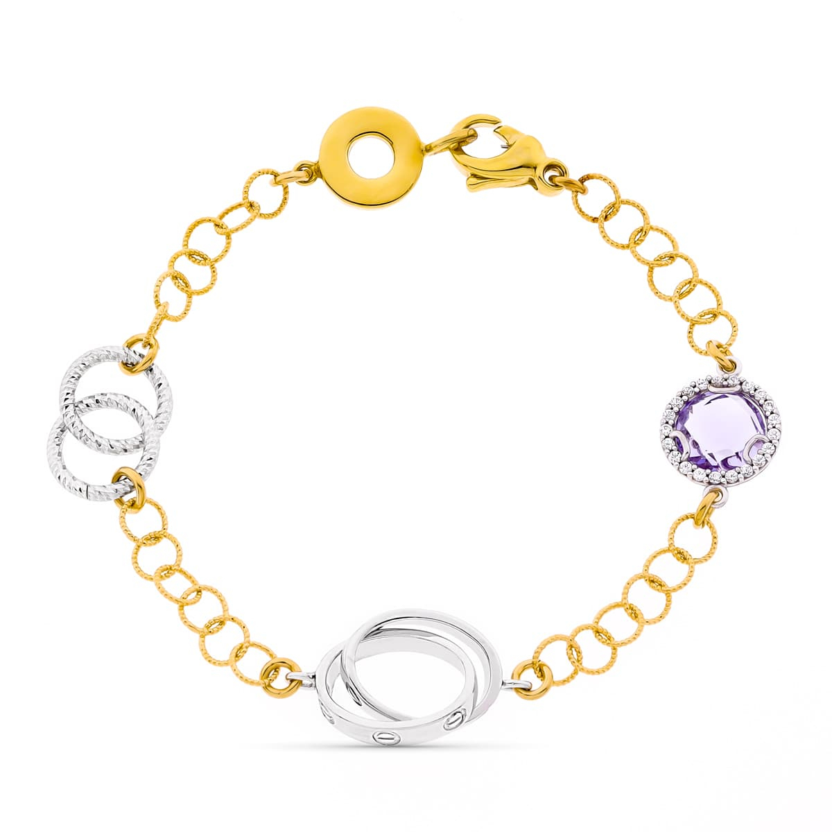 18K PULSERA BICOLOR ESLABONES PIEDRA AMATISTA 10