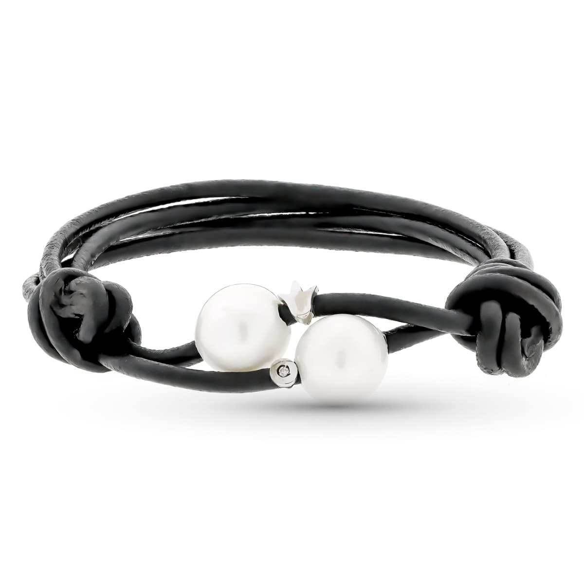 18K PULSERA CUERO PERLA Y DIAMANTE TALLA BRILLANTE 1