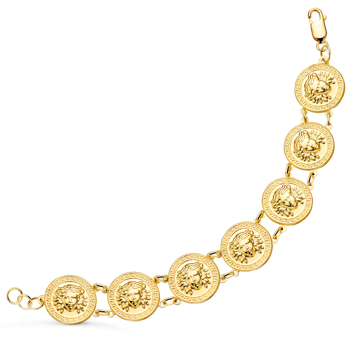 18K PULSERA ORO AMARILLO CON MEDUSAS REDONDAS EN BRILLO 20 MM LARGO 21.5 CM 22