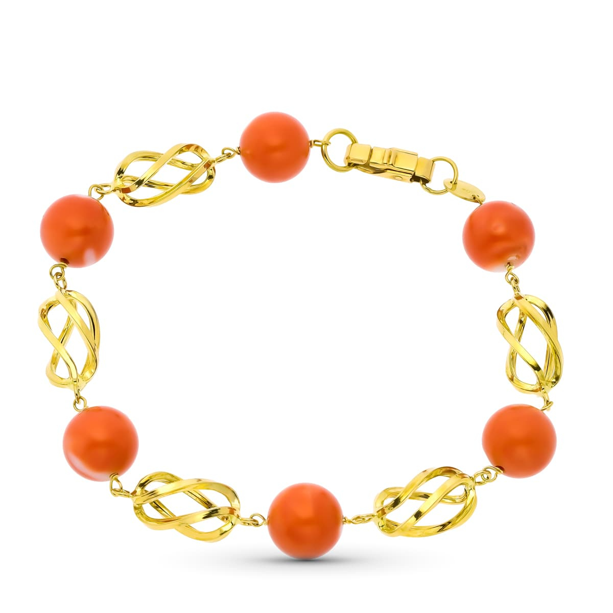 18K PULSERA ORO AMARILLO JAULAS Y CORAL FINO JAPONES 10.5 MM 20CM 15