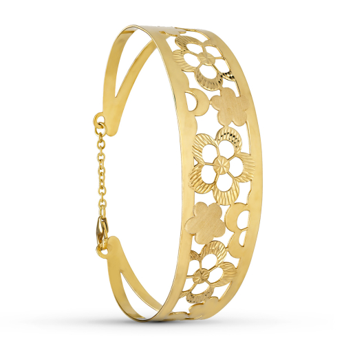 18K PULSERA RIGIDA ORO AMARILLO FLORES MEDIDA INTERIOR 65X55 MM ANCHO TOTAL 20 MM CIERRE MOSQUETON CON CADENA 14