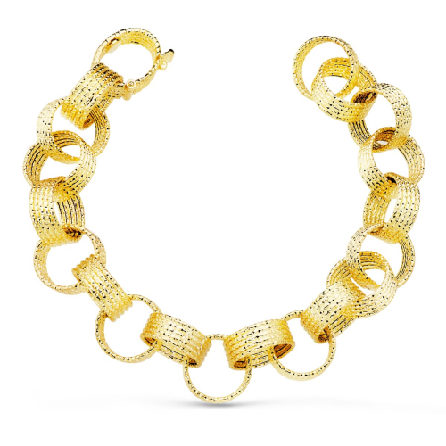 18K PULSERA ORO AMARILLO ESLABONES REDONDOS HUECOS ANCHO 12 MM LARGO 20CM 12