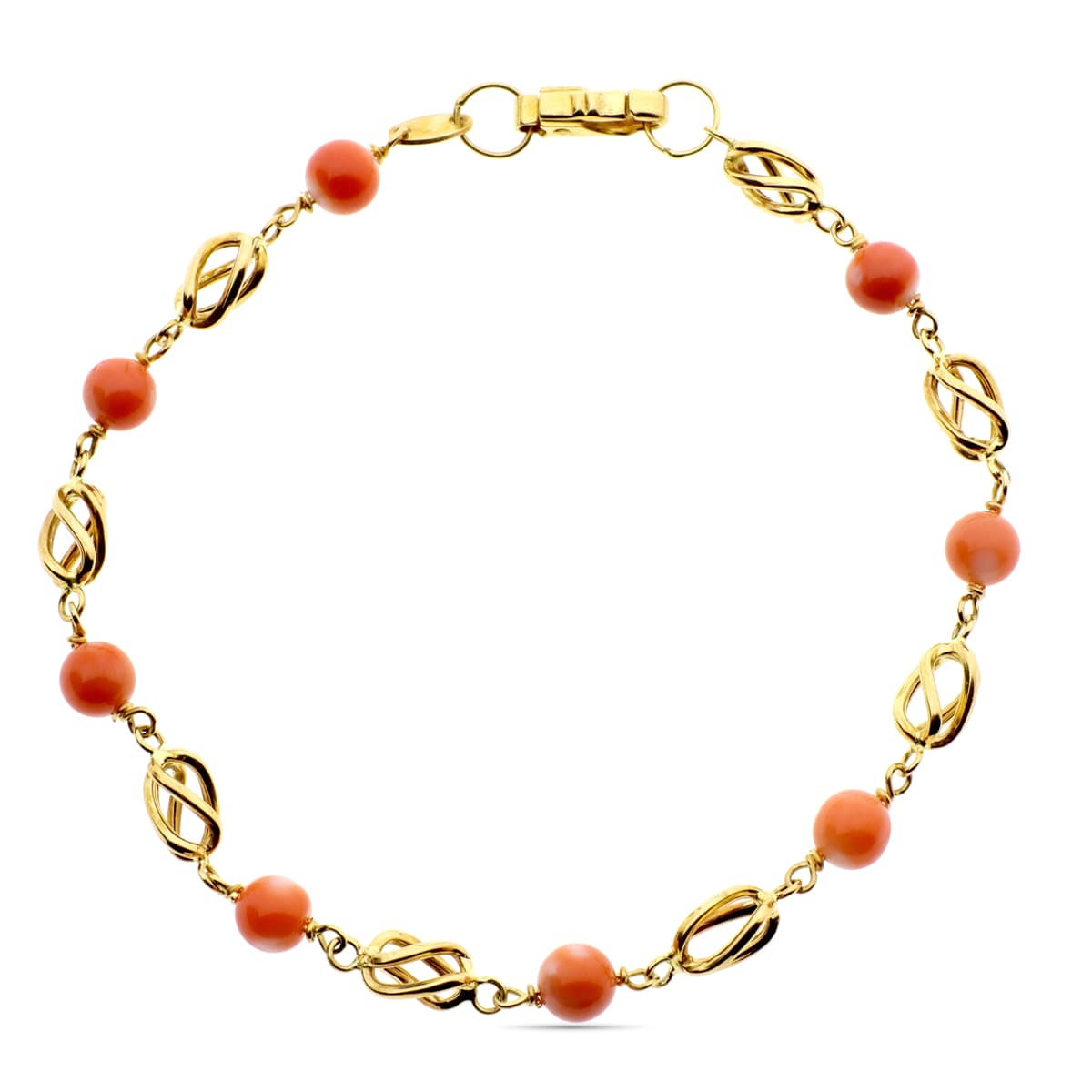 18K PULSERA ORO AMARILLO CON JAULAS Y CORAL FINO JAPONES 5 MM 18.5 CM 4