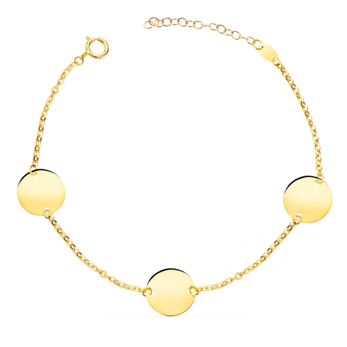 18K PULSERA ORO AMARILLO 3 DISCOS EN BRILLO REDONDOS DE 12 MM. LARGO: 18 3 CM 2