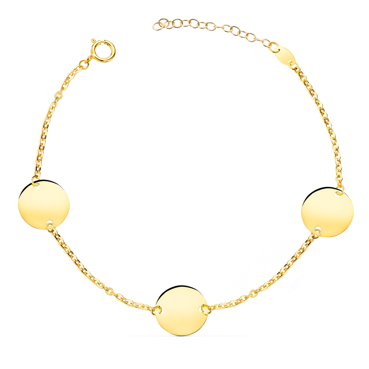 18K PULSERA ORO AMARILLO 3 DISCOS EN BRILLO REDONDOS DE 12 MM. LARGO: 18 3 CM 2
