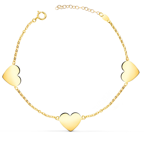 18K PULSERA ORO AMARILLO TRES CORAZONES EN BRILLO 11X10 MM. LARGO: 18 2 CM 1