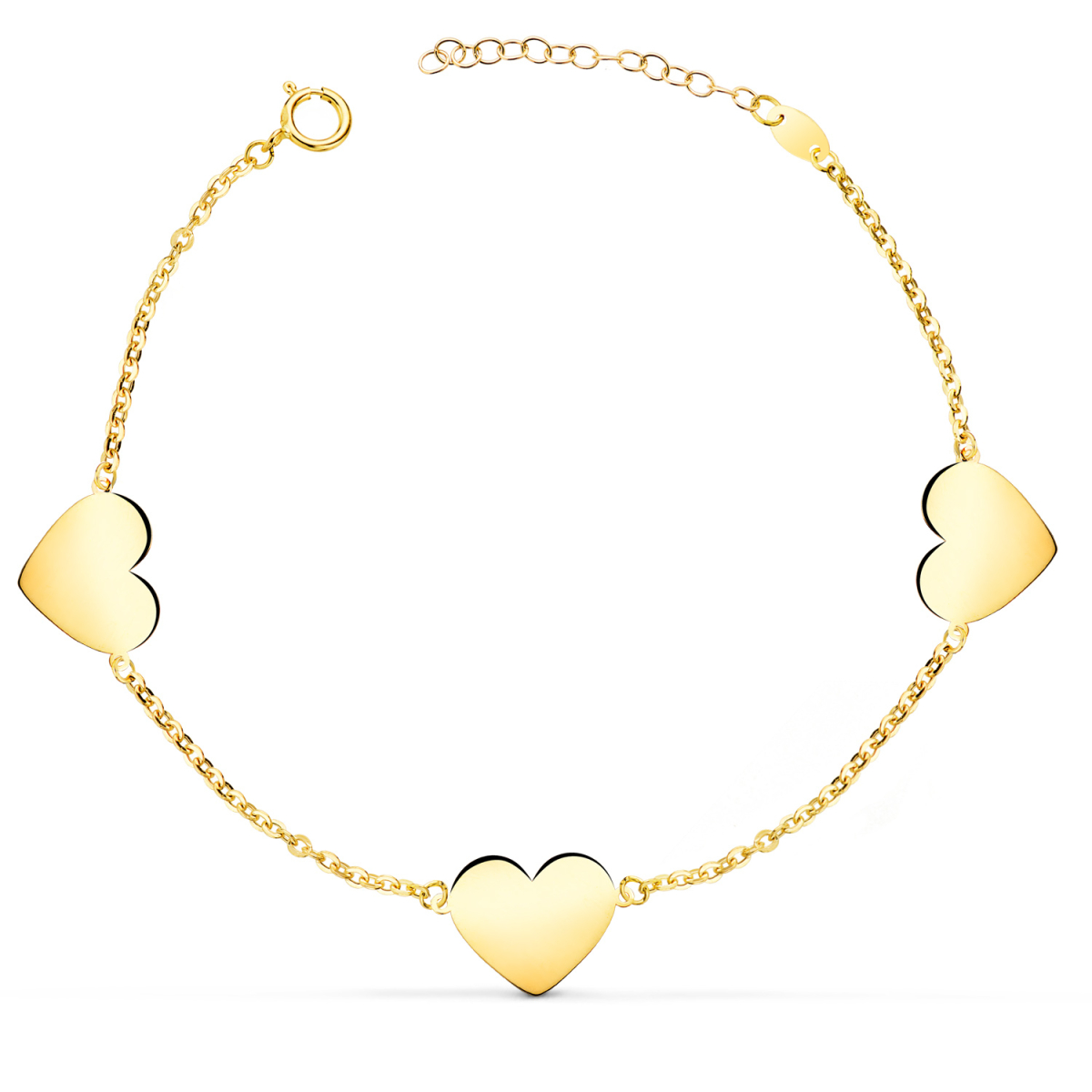 18K PULSERA ORO AMARILLO TRES CORAZONES EN BRILLO 11X10 MM. LARGO: 18 2 CM 1