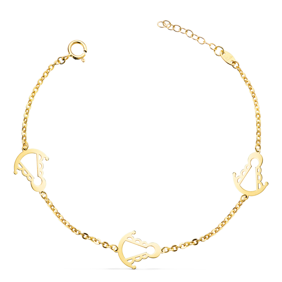 18K PULSERA ORO AMARILLO TRES SLIUETAS VIRGEN ROCIO 14X11 MM CON. LARGO: 15