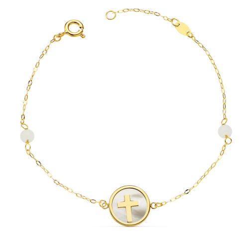 18K PULSERA ORO AMARILLO NACAR CON CRUZ 12 MM Y BOLAS JADE 4 MM CADENA 18 2.5 CM 1