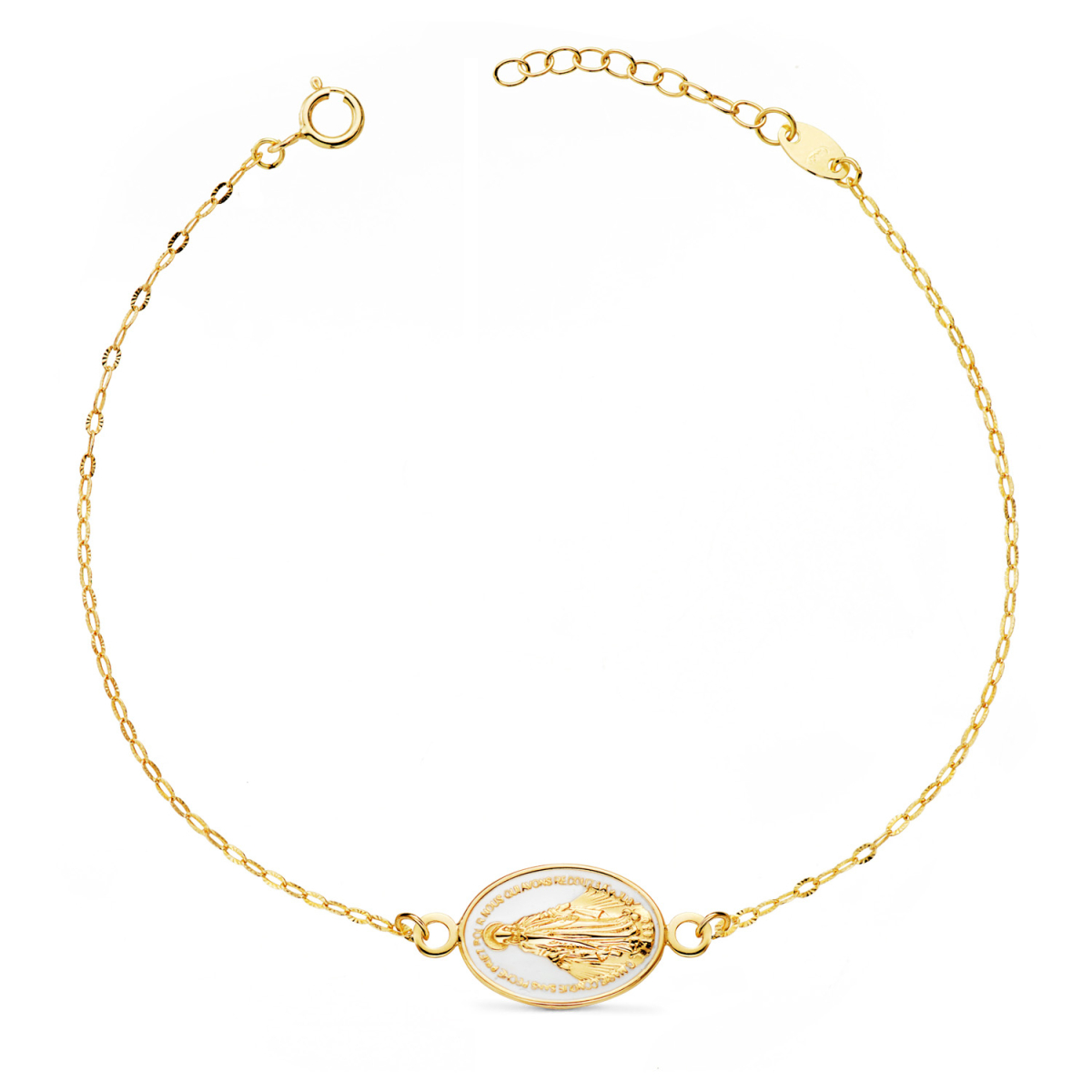 18K PULSERA ORO AMARILLO VIRGEN MILAGROSA ESMALTE BLANCO 13X10 MM. CADENA TALLADA: LARGO: 17-3 CM 1