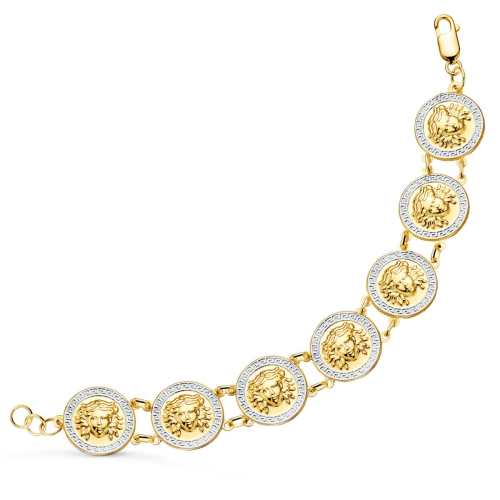 18K PULSERA ORO BICOLOR CON MEDUSAS REDONDAS EN BRILLO 20 MM LARGO 21.5 CM 22