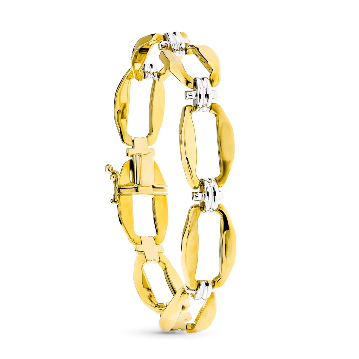 18K PULSERA ORO BICOLOR ESLABON RECTANGULO Y CRUZ MATE Y BRILLO 17