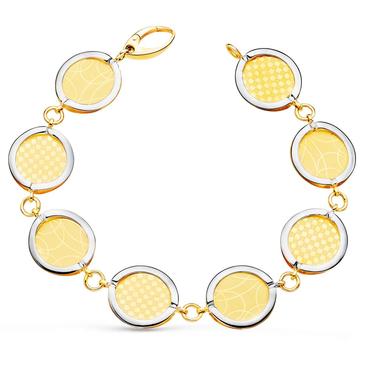 18K PULSERA ORO BICOLOR ESLABONES REDONDOS DISEÑOS MATIZADOS. 20.5 CM 16