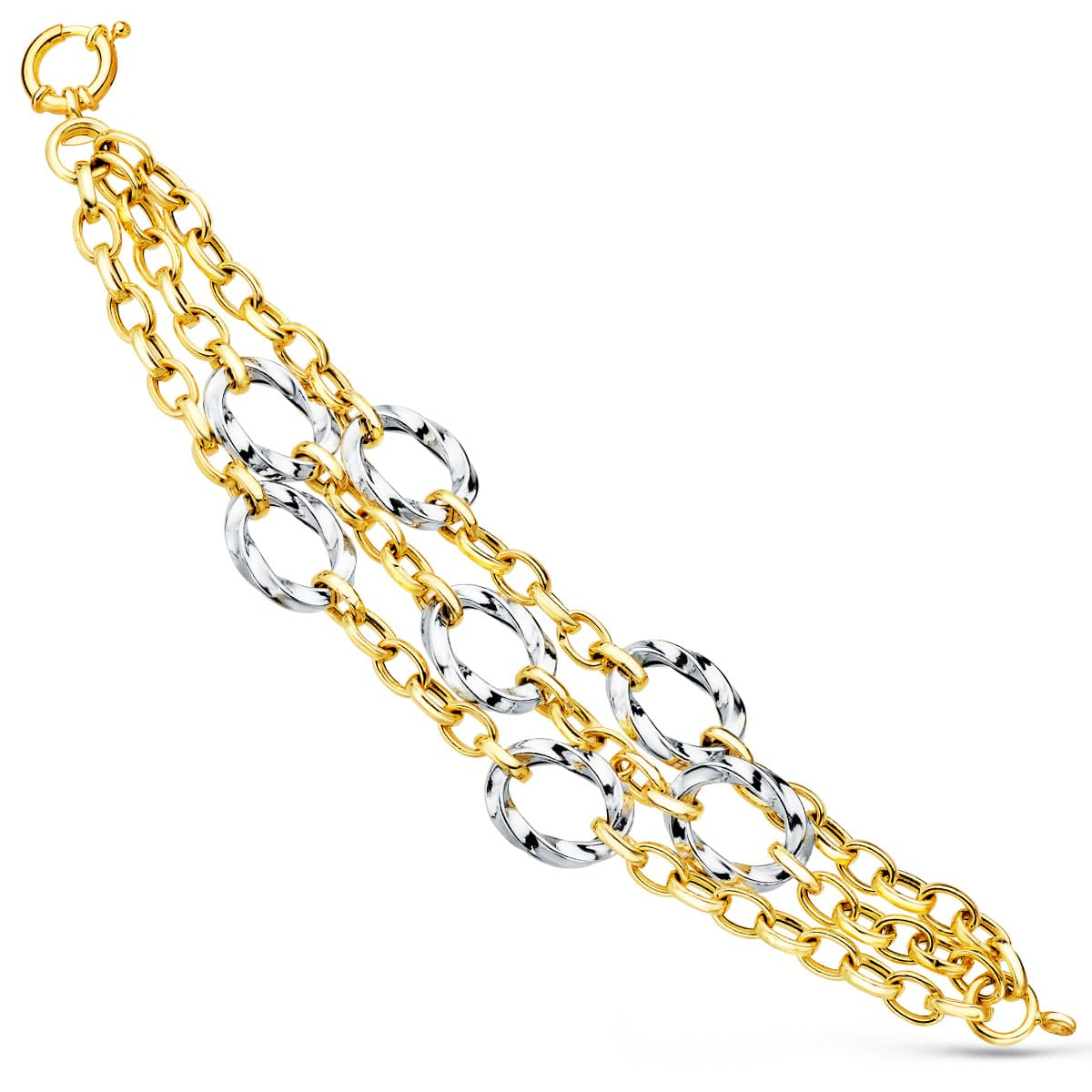 18K PULSERA ORO BICOLOR TRIPLE CADENA HUECA MOTIVOS REDONDOS 20CM 16