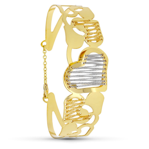 18K PULSERA ORO BICOLOR RIGIDA CORAZON Y CADENAS 14