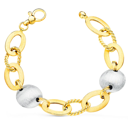 18K PULSERA ORO BICOLOR ARTICULADA MOTIVOS OVALES Y REDONDOS MATIZADOS. 19. CM 13