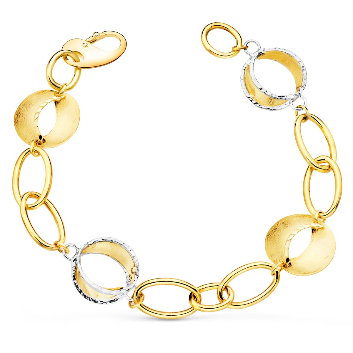 18K PULSERA ORO BICOLOR ESLABONES OVALES Y MOTIVOS REDONDOS RAYADOS. 20CM 12