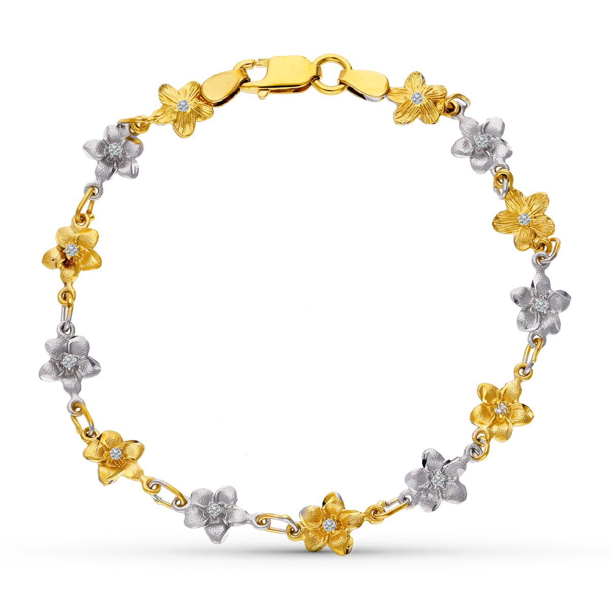 18K PULSERA ORO BICOLOR FLORES 18.5 CM 5