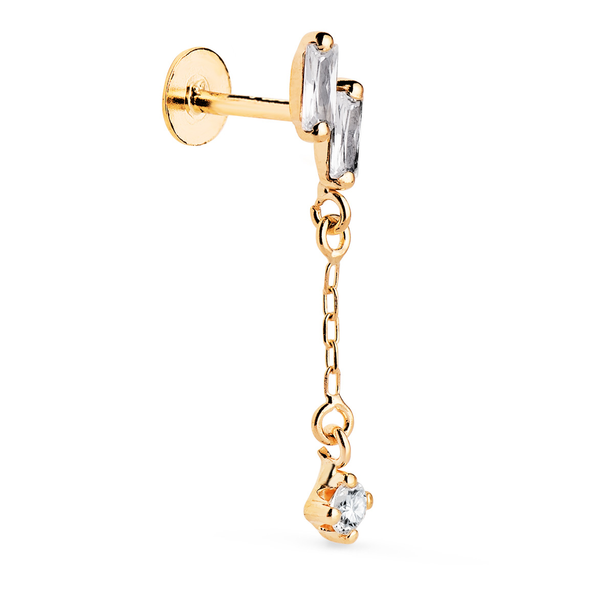 18K PIERCING DE OREJA ORO AMARILLO CON 2 CIRCONITAS BAGUETTE Y CADENA. GRUESO BARRA 1.20 MM. MEDIDA: 24 X 4 MM. CIERRE TUERCA 0