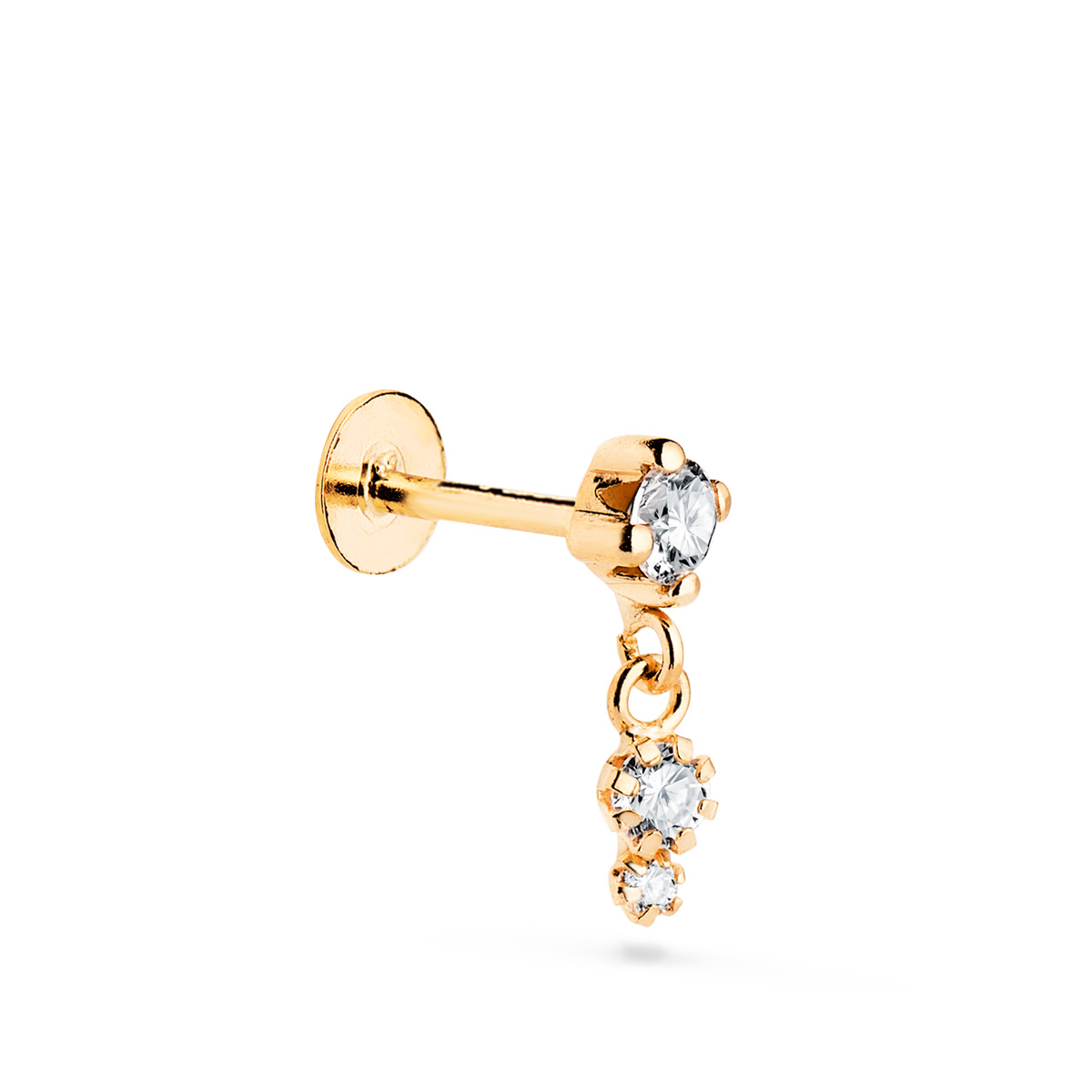 18K PIERCING DE OREJA ORO AMARILLO CON CIRCONITAS. GRUESO BARRA 1.20 MM ANCHO: 4 MM TOTAL PIERCING 12 MM CIERRE TUERCA 0