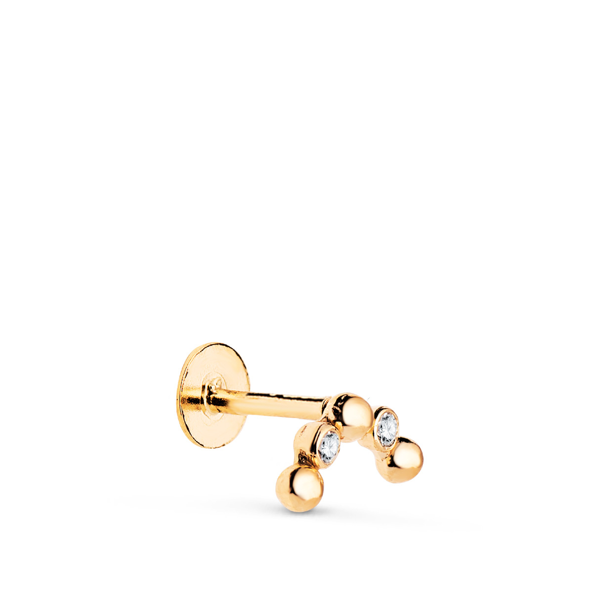 18K PIERCING DE OREJA ORO AMARILLO ARCO CON CIRCONITAS Y BOLAS. GRUESO BARRA 1.20 MM. MEDIDA: 8 X 4