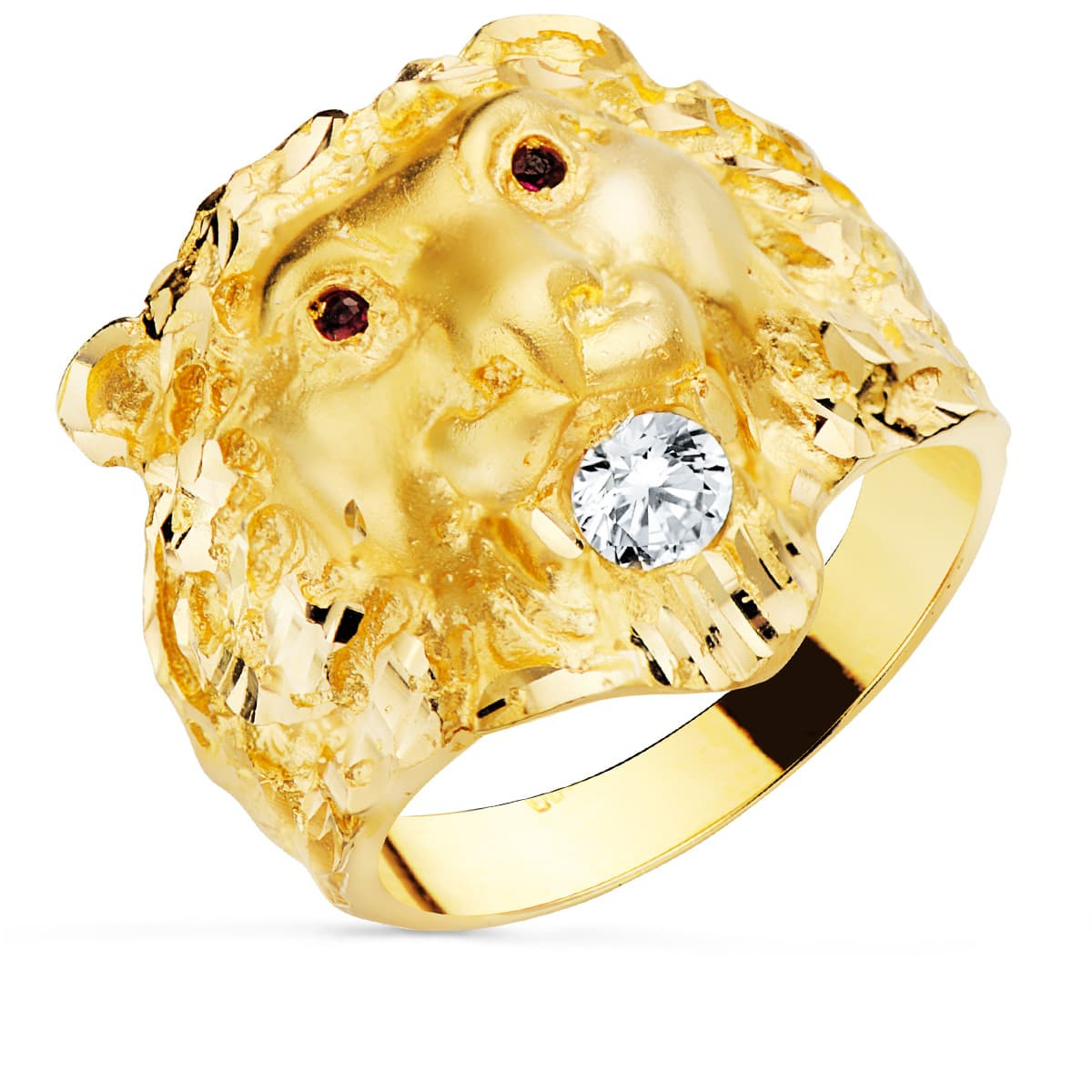 18K SELLO ORO AMARILLO CABEZA DE LEON CON CIRCONITA Y OJOS RUBI ANCHO 23 MM 19