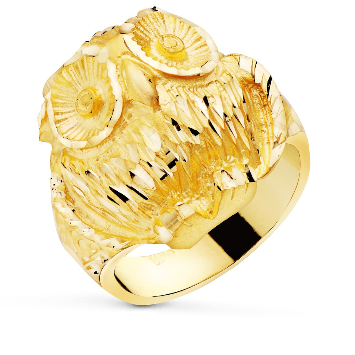 18K SELLO ORO AMARILLO MACIZO CABEZA DE BUHO TALLADO 22X22 MM 18