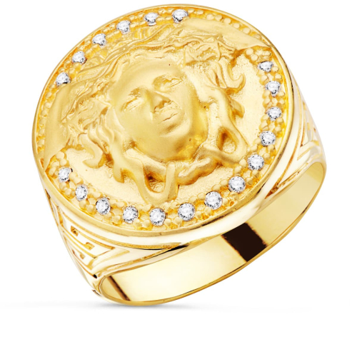 18K SELLO ORO AMARILLO MEDUSA CON CIRCONITA LATERAL GRECA ANCHO 19 MM 17