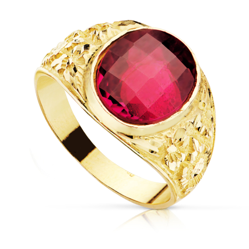 18K SELLO CABALLERO TALLADO ORO AMARILLO MACIZO PIEDRA SPINEL RUBI OVAL DAMERO 12 X10 MM 7