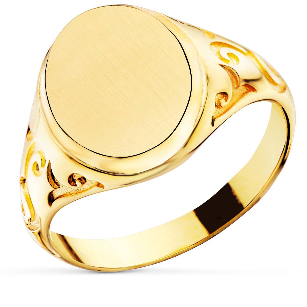 18K SELLO ORO AMARILLO CABALLERO MACIZO ZONA GRABADO REDONDO 14X11MM 6