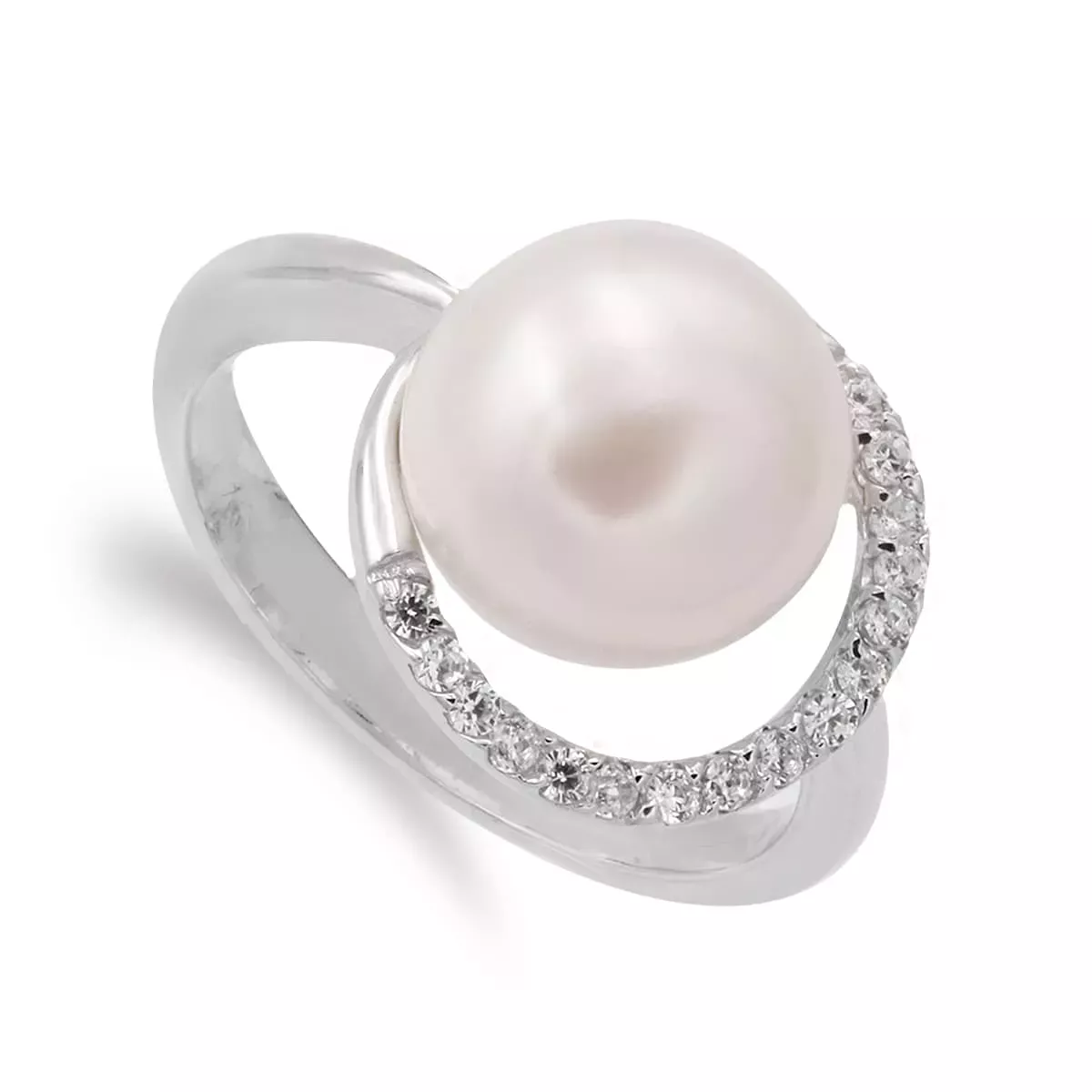 18K SORTIJA ORO BLANCO CON PERLA 10 MM Y CERCO DE CIRCONITAS. ANCHO CUERPO: 3 MM 5