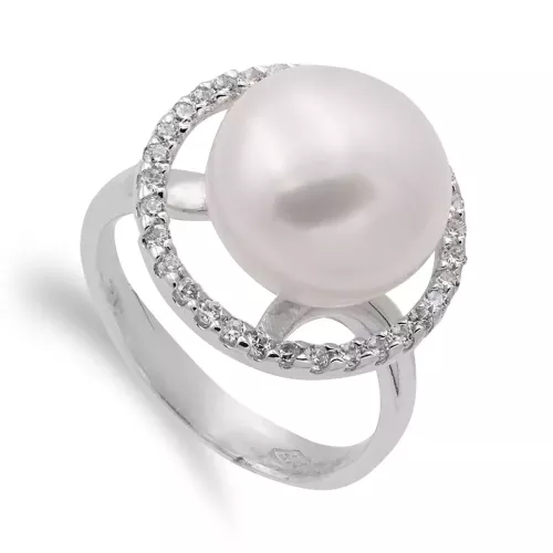 18K SORTIJA ORO BLANCO CON PERLA 10 MM Y CERCO DE CIRCONITAS. ANCHO CUERPO: 4 MM 7