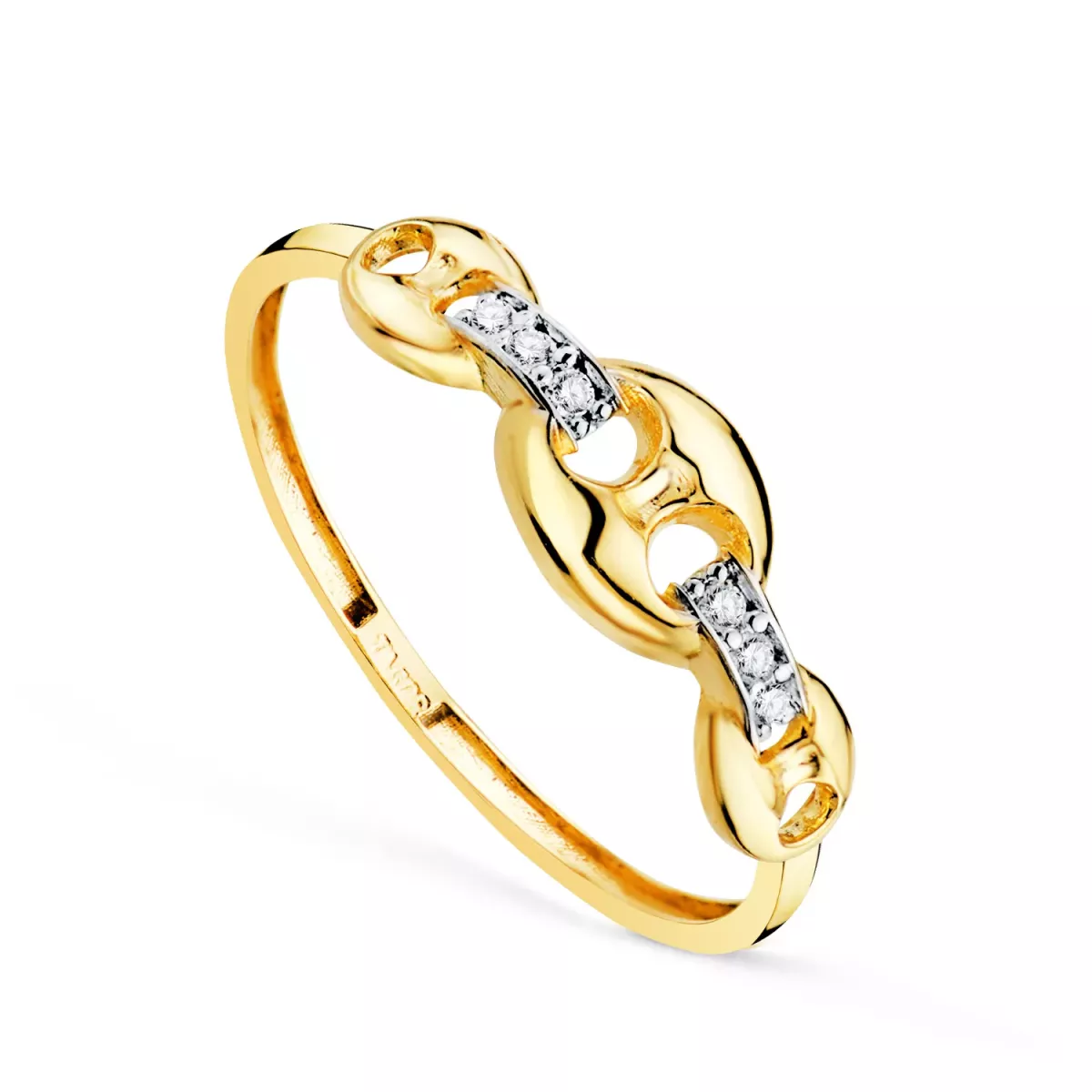 18K SORTIJA ORO BICOLOR CON ESLABONES NUDO DE BARCO Y CIRCONITAS. ANCHO: 5