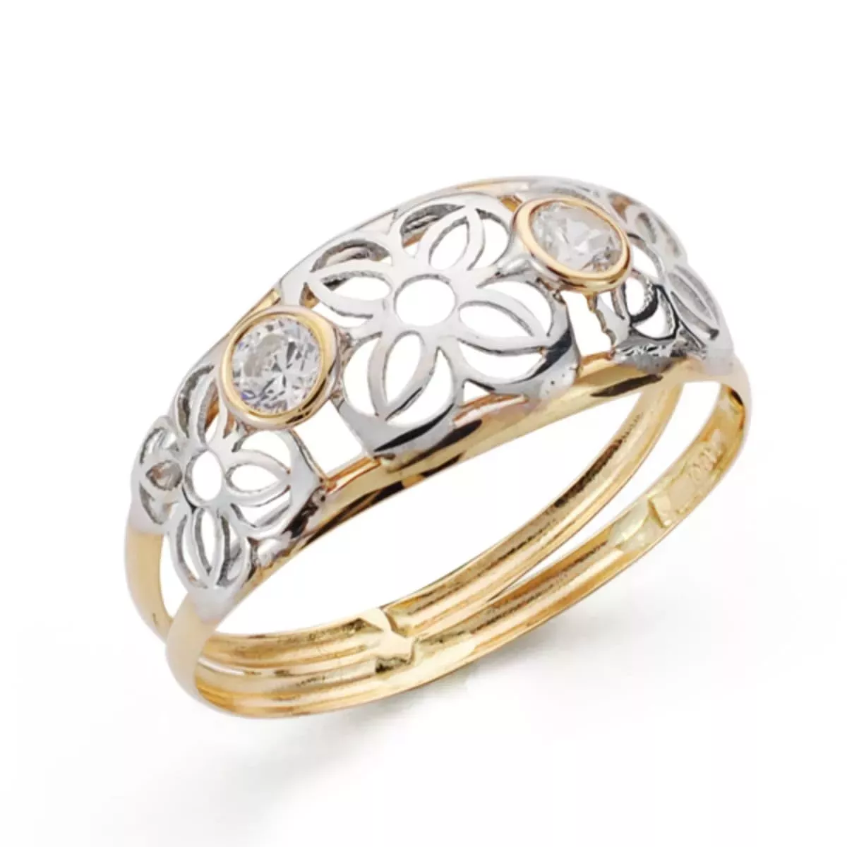 18K SORTIJA ORO BICOLOR DOBLE CUERPO FLORES CALADAS Y CIRCONITAS. ANCHO: 8 MM 0
